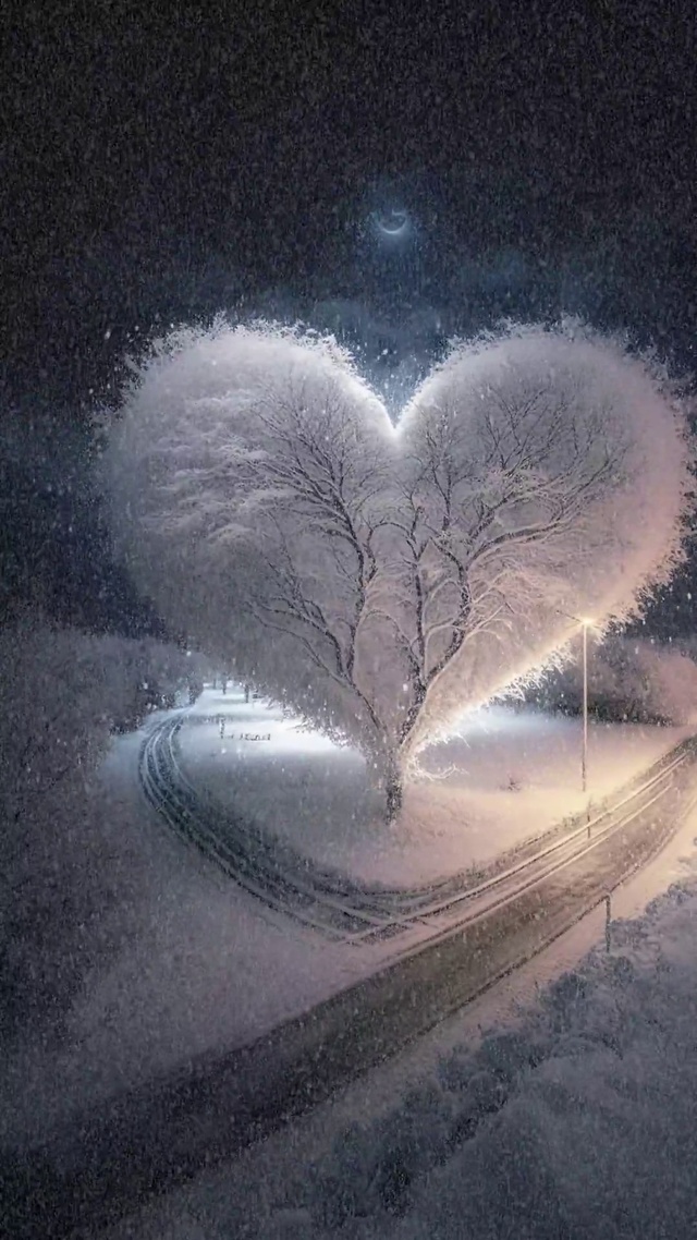 浪漫爱心树雪景