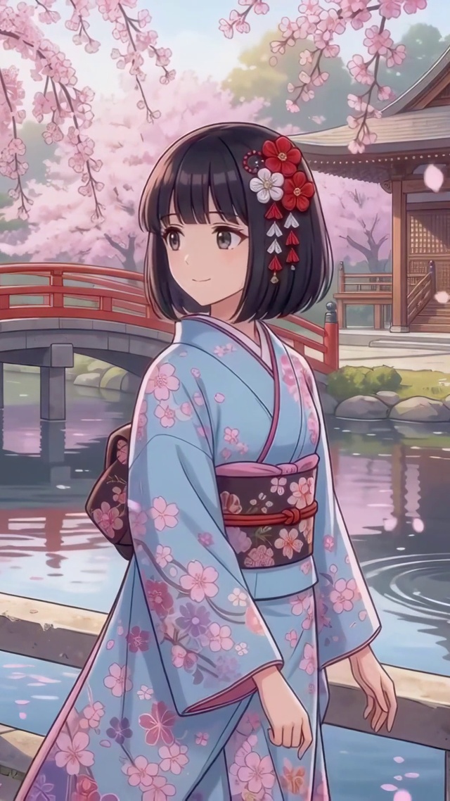 樱花树下的和服少女