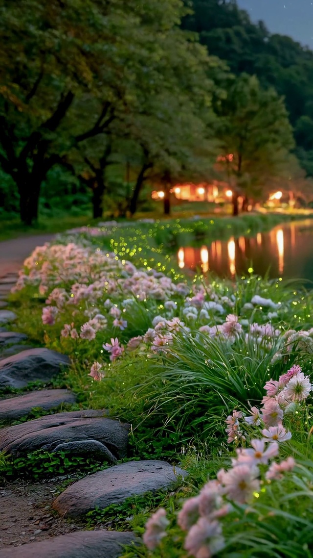 月夜河畔花海星空治愈美景