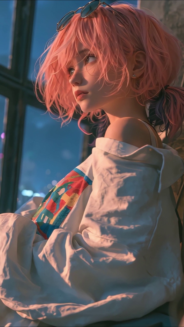 天台夜景粉发少女