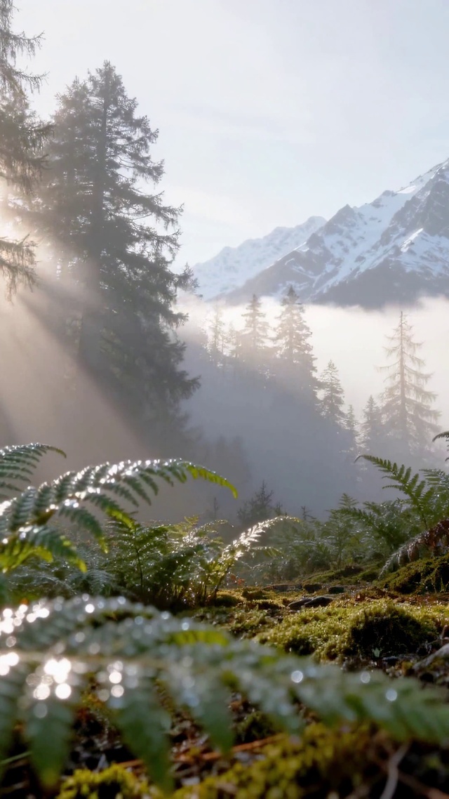 原始森林一脚远处云雾雪山
