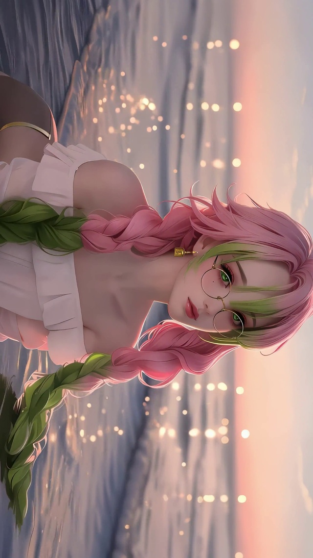 落日晚霞水中美女