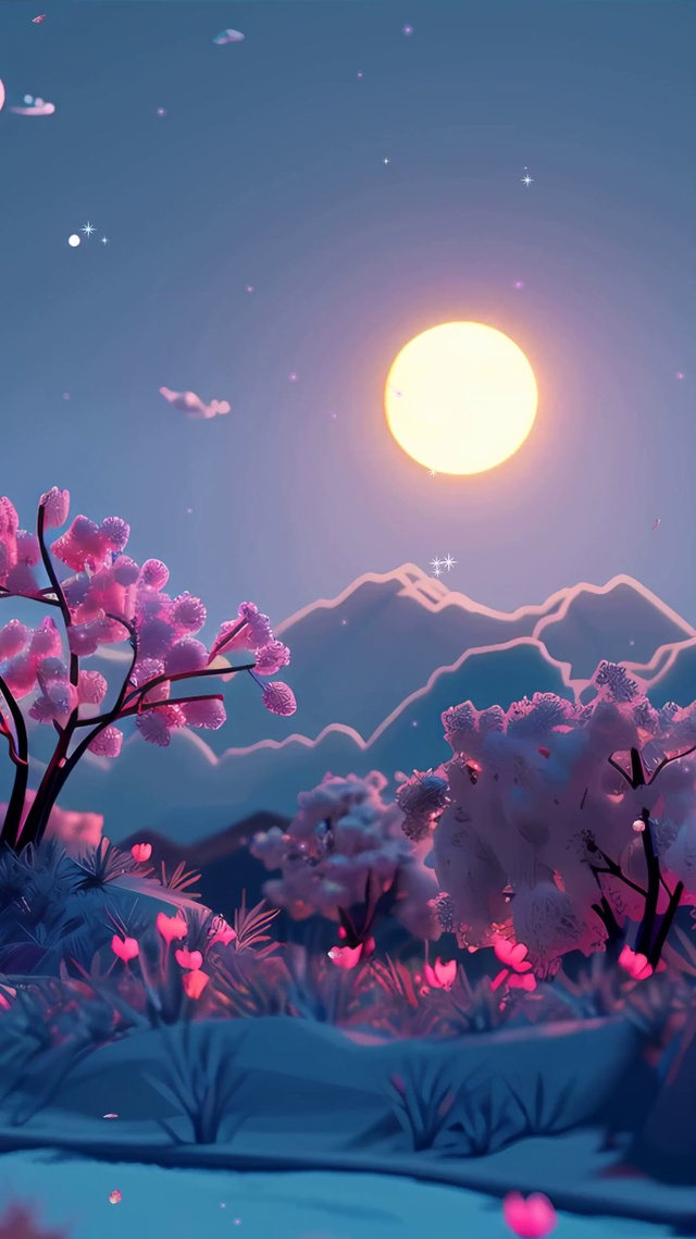 夜景树木河流夜色