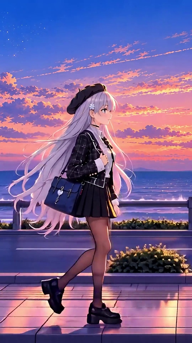 海边散步的少女