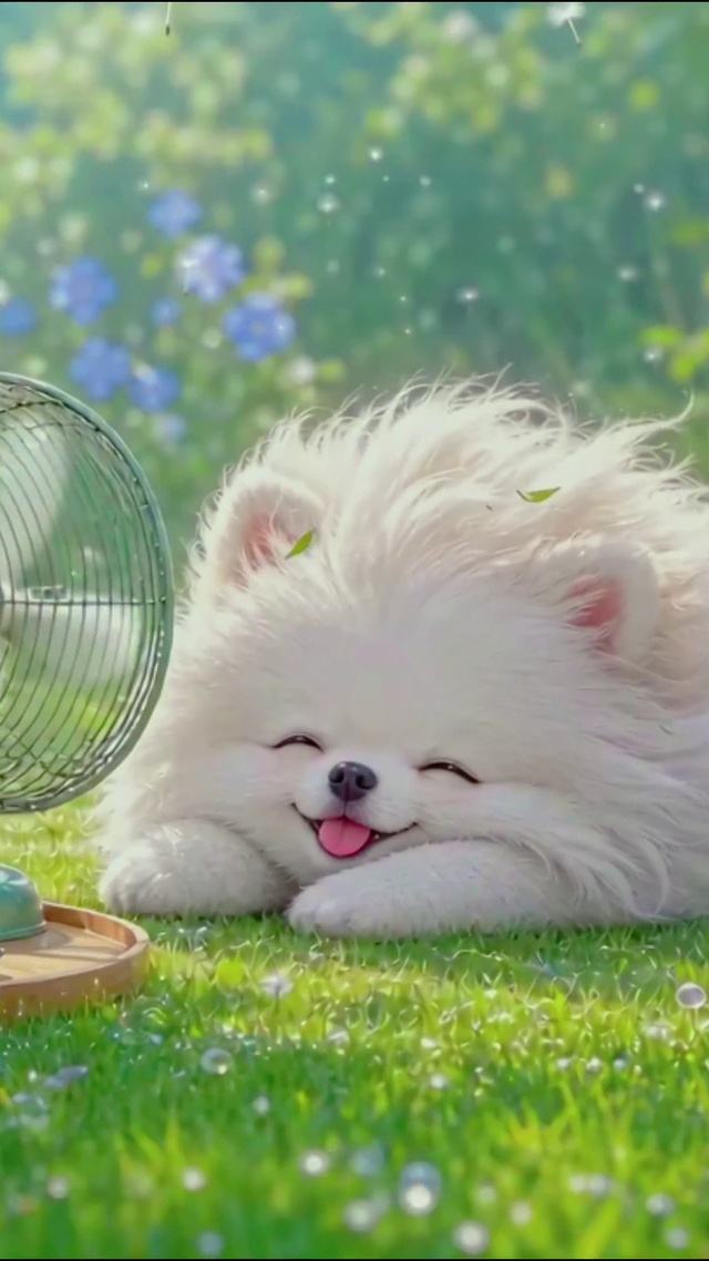 吹风扇的可爱小狗
