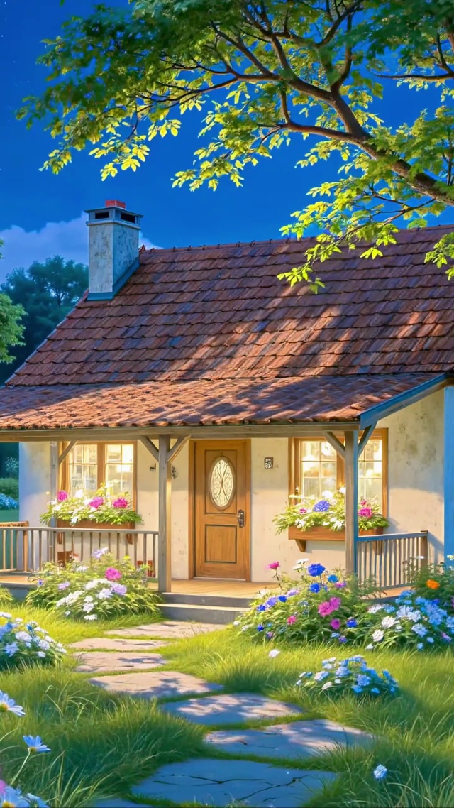 护眼乡村夜景小屋