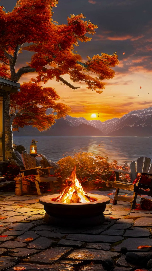 秋天夕阳湖畔木屋