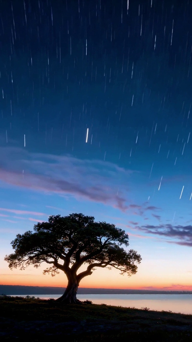 孤树湖畔星空流星夜景