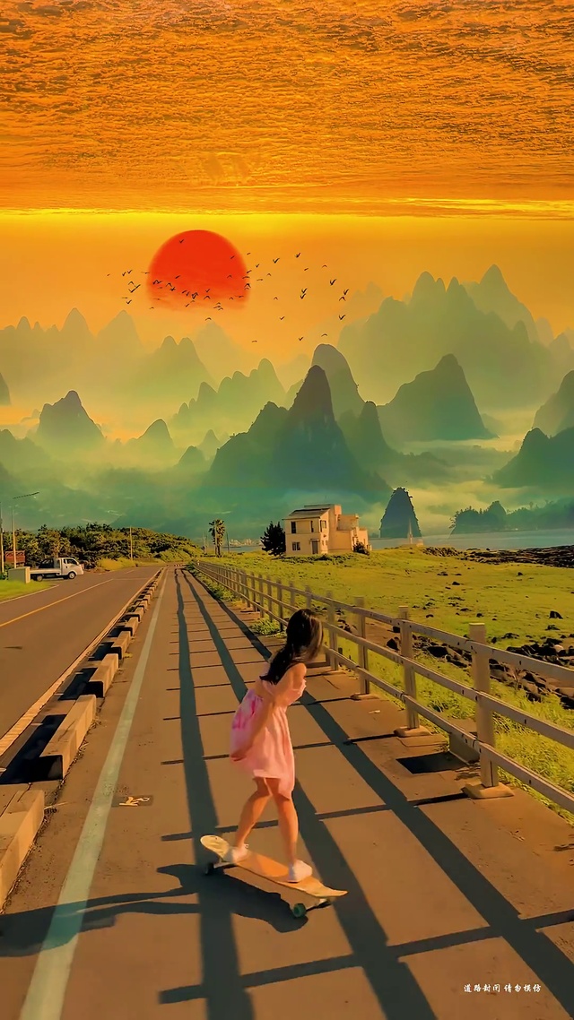 滑板女孩治愈系晚霞