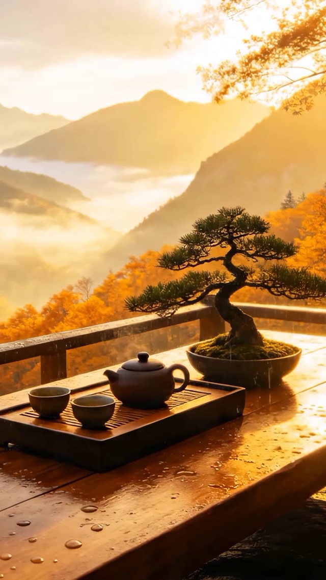 国风秋天山顶雨景
