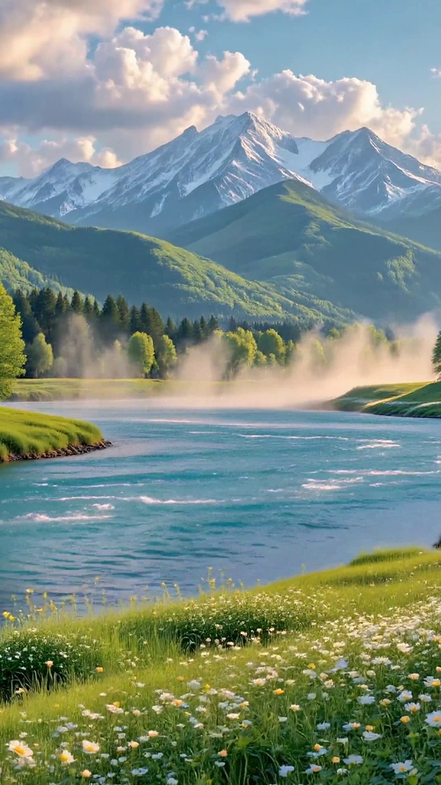 清新治愈河谷雪山风景