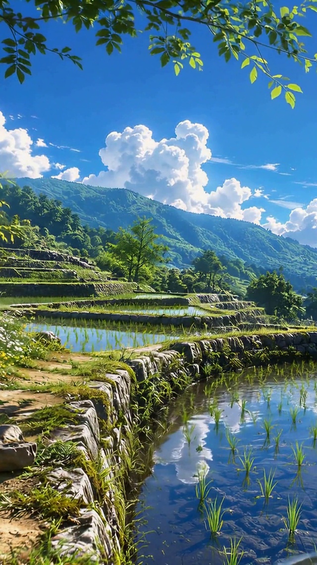 清新夏日山间梯田美景