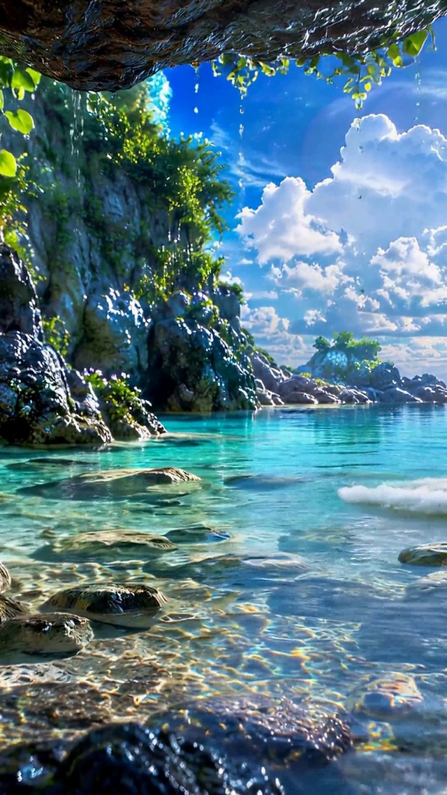 洞穴外清澈海湾治愈海景