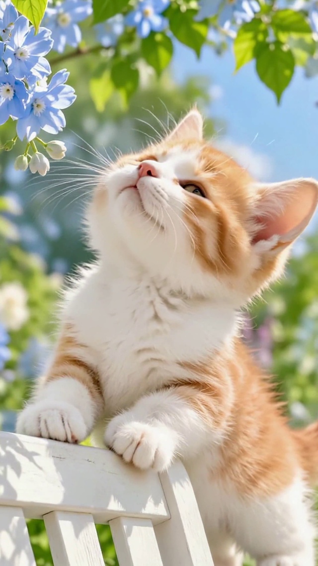 橘白小猫春日花园赏花