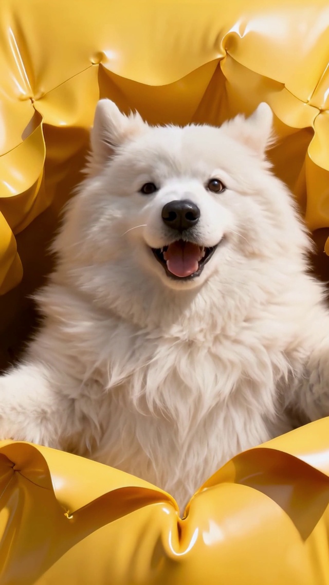 充气床垫上天真无邪的萌宠萨摩耶