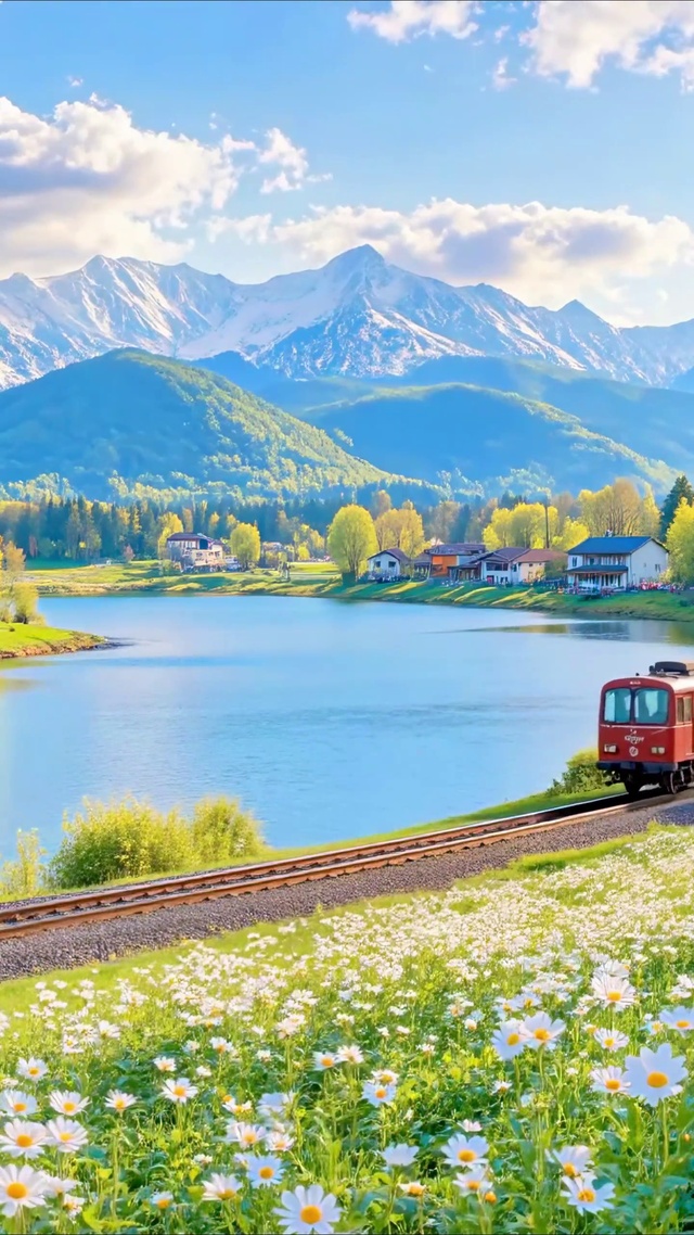 护眼乡村湖畔小火车