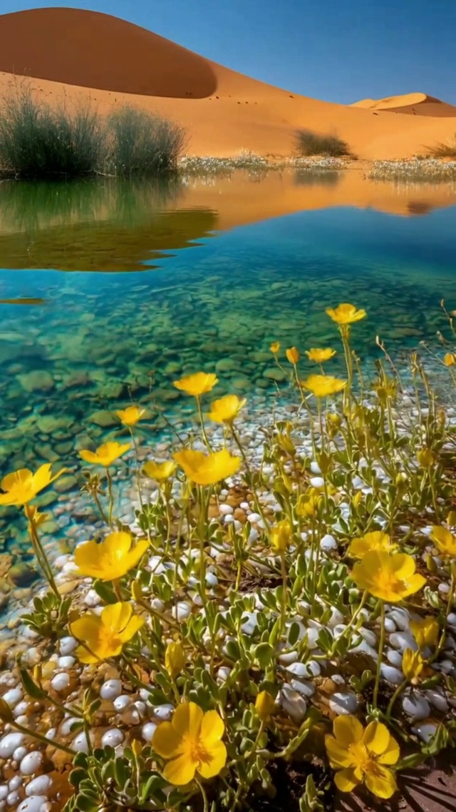 沙海嵌翠镜，黄花照水开