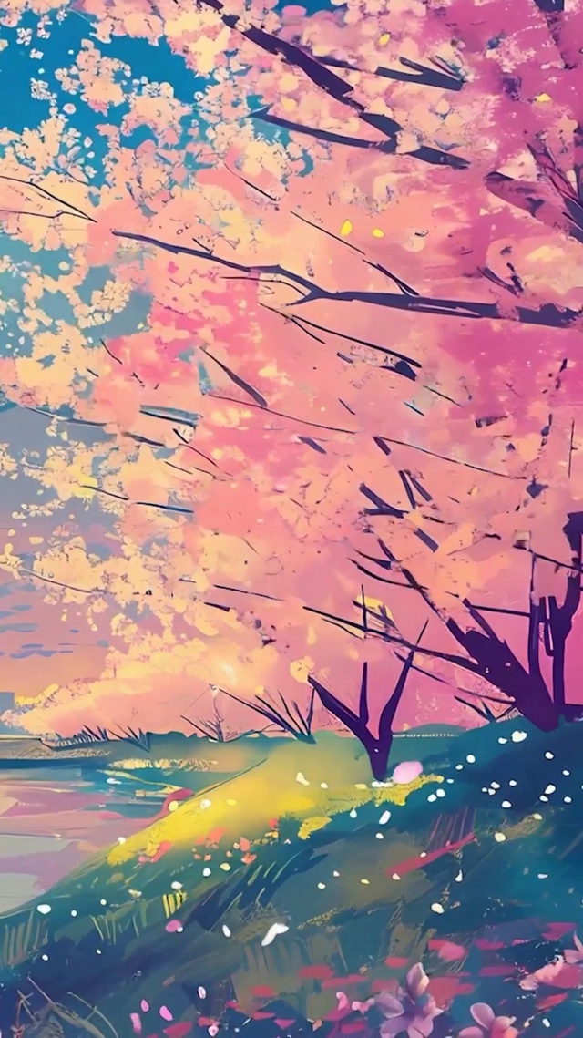 油画夕阳海景樱花树木