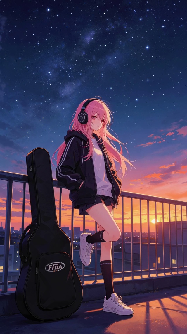 晚霞下的女孩