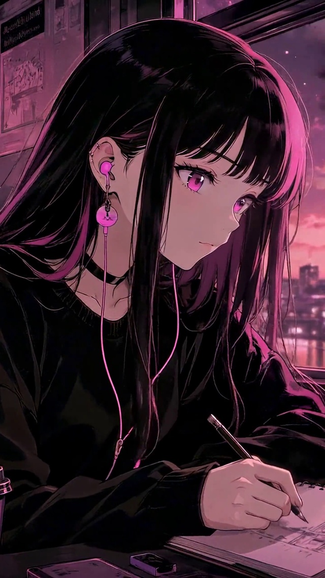 粉紫赛博风电车夜景动漫少女