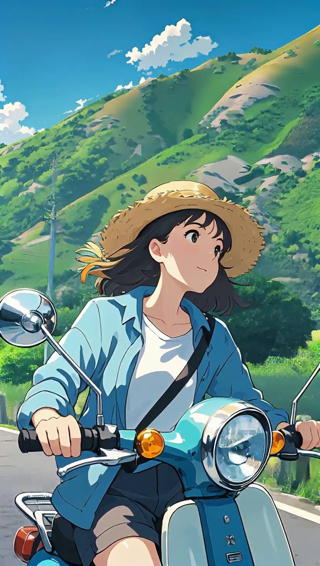 实况壁纸，少女风景动画小清新，山中风景，骑车的草帽少女，动画风格，高清4k， Ai视频，骑着我心爱的小摩托，悠闲自在，阳光明媚，护眼壁纸，护眼动态壁纸，白噪音，有声壁纸，沉浸治愈系