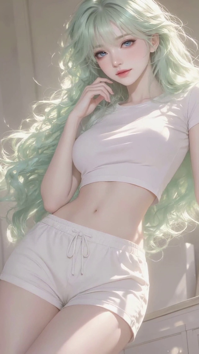 窗边浅绿长发清纯美少女