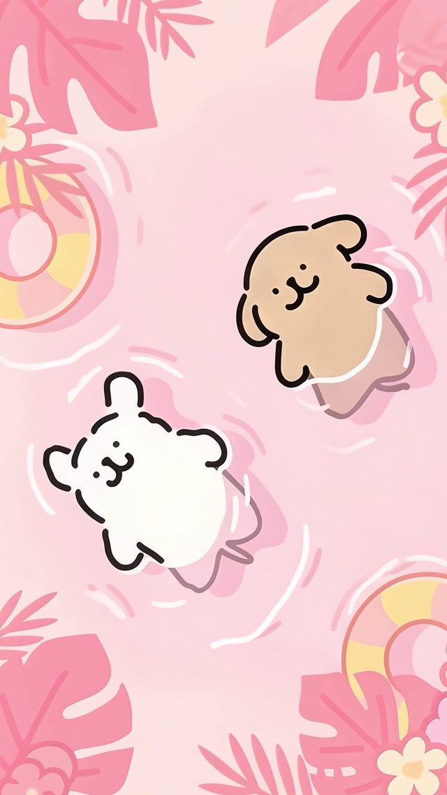 线条小狗的粉色泳池派对