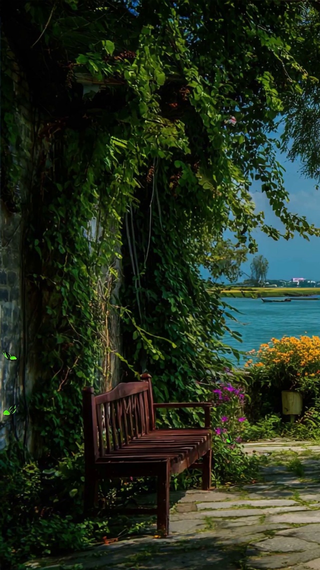 护眼树木河流房屋绿景