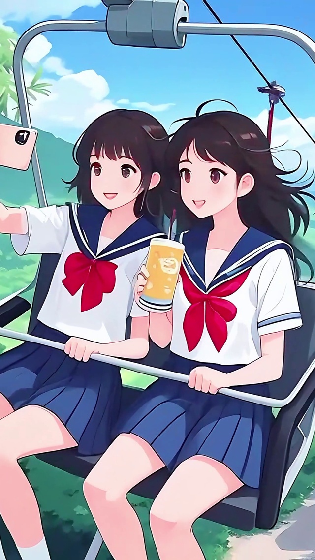缆车观光校服少女