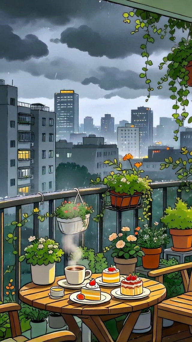 雨天暖居阳台城市雨景插画
