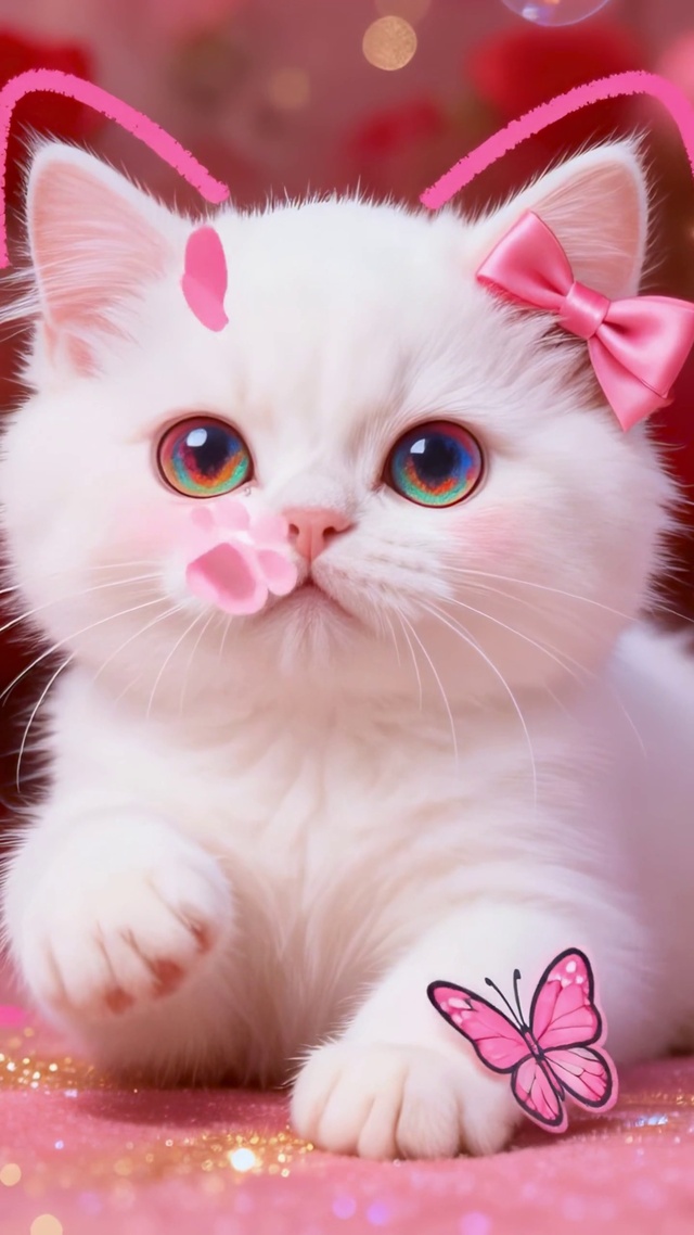 玫瑰花园里的彩虹眼小白猫