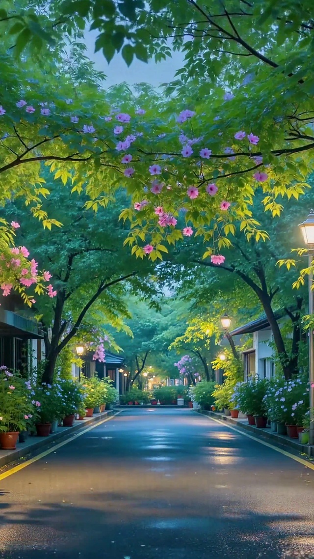 静谧花香雨后街道