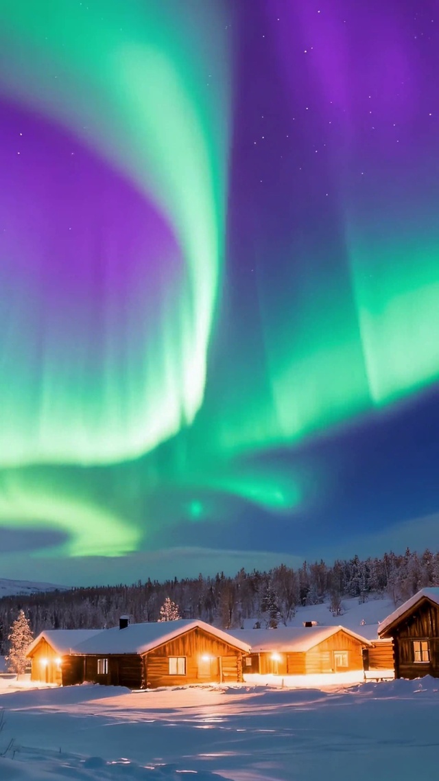 梦幻极光雪地森林夜景