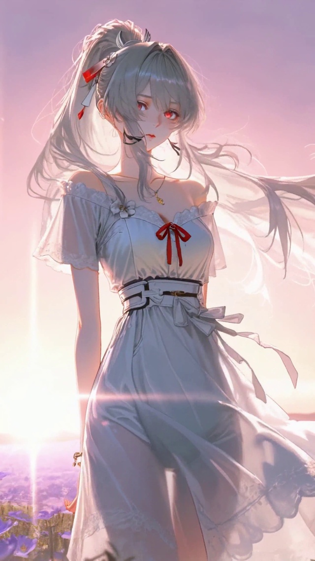 夕阳花海银发美少女