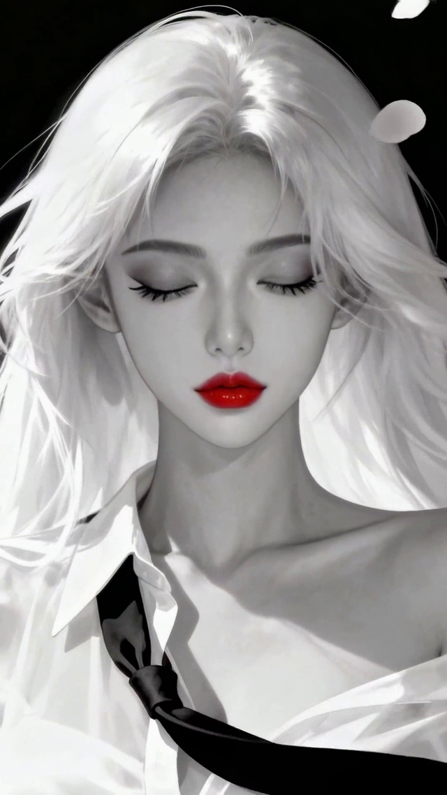 黑白调白发红妆美女