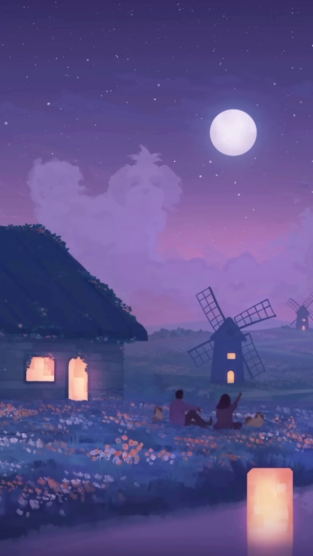 治愈插画夜晚湖边小屋