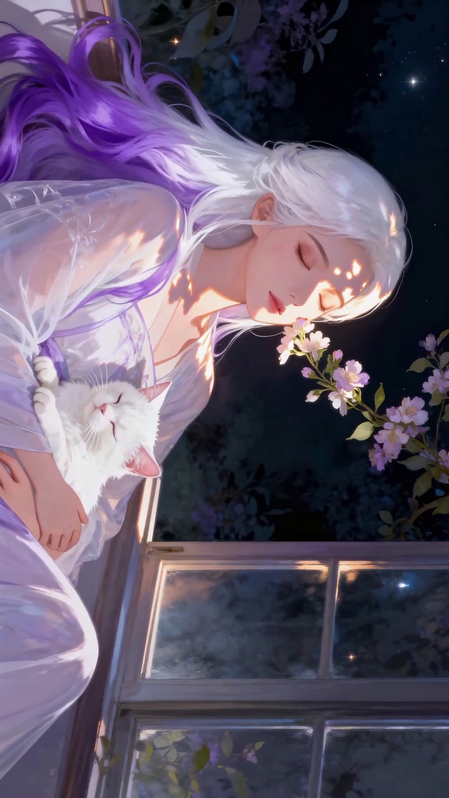 夜窗樱花少女与治愈白猫
