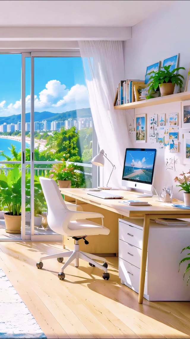清新治愈海景落地窗卧室