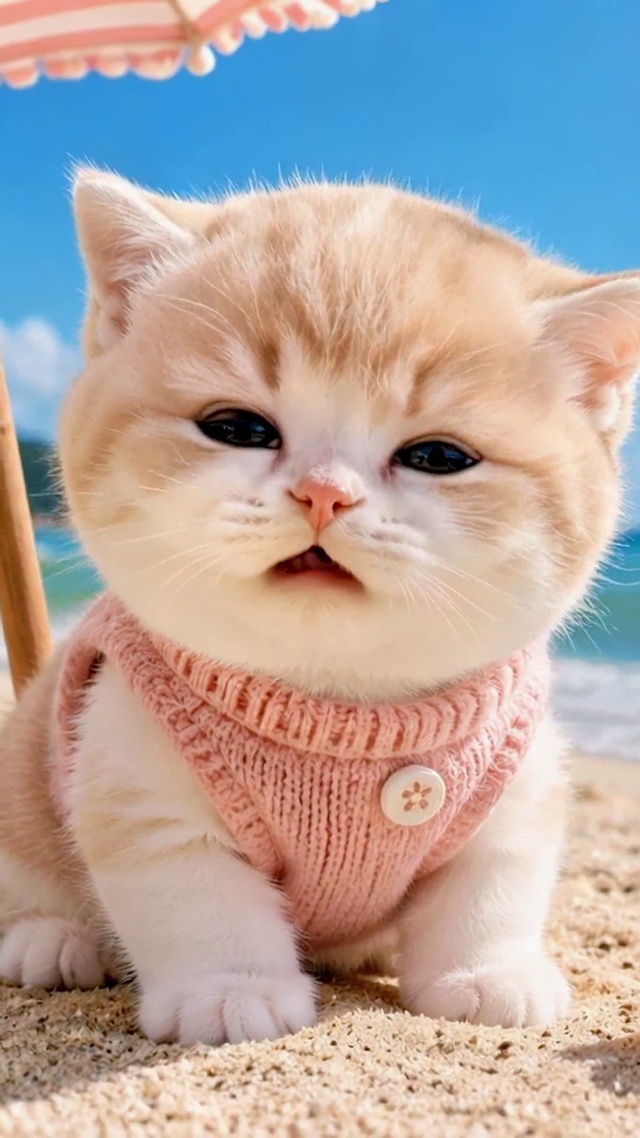沙滩可爱奶猫治愈动态壁纸