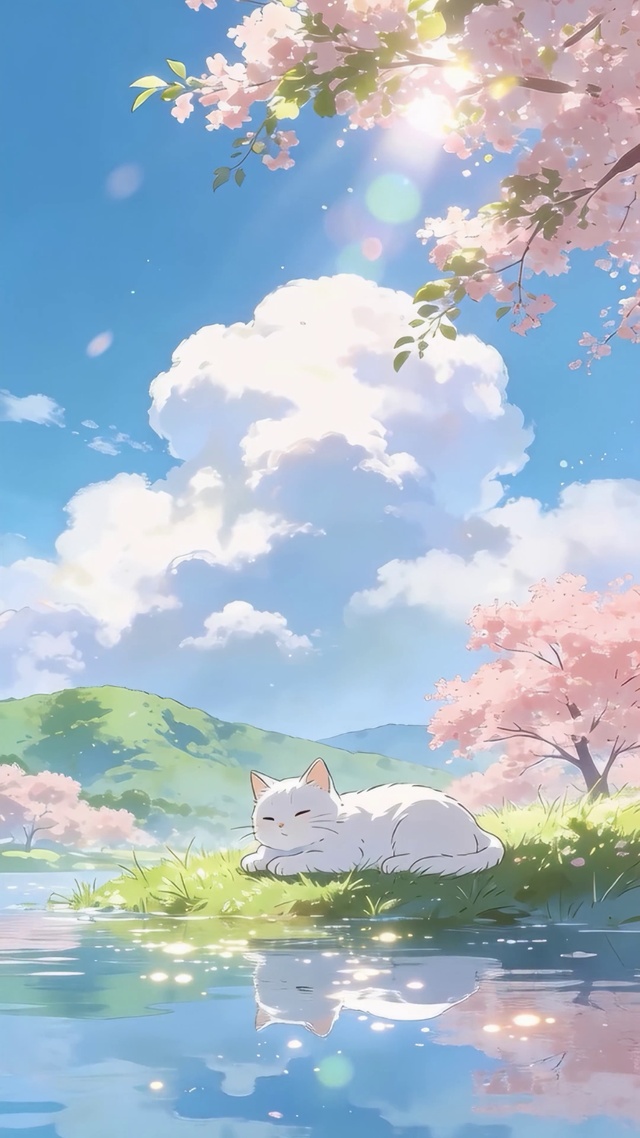 治愈湖畔花与猫
