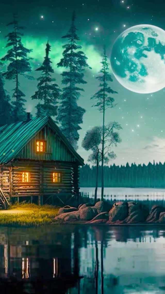 夜晚湖边小屋
