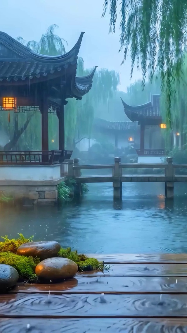 江南园林雨景