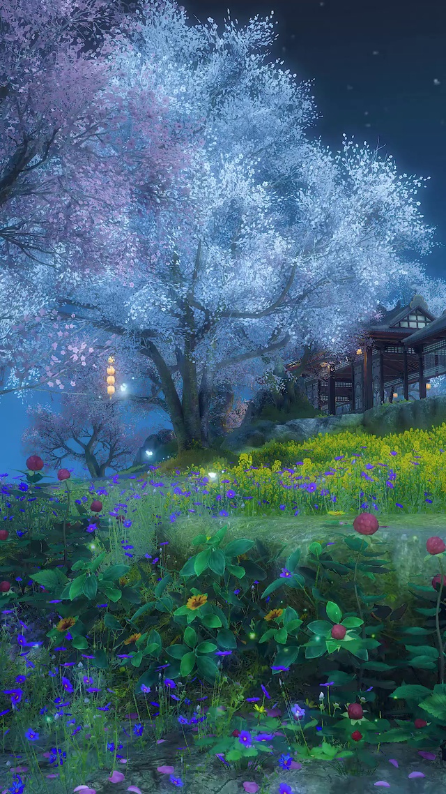 月夜樱花丛萤火虫蝶