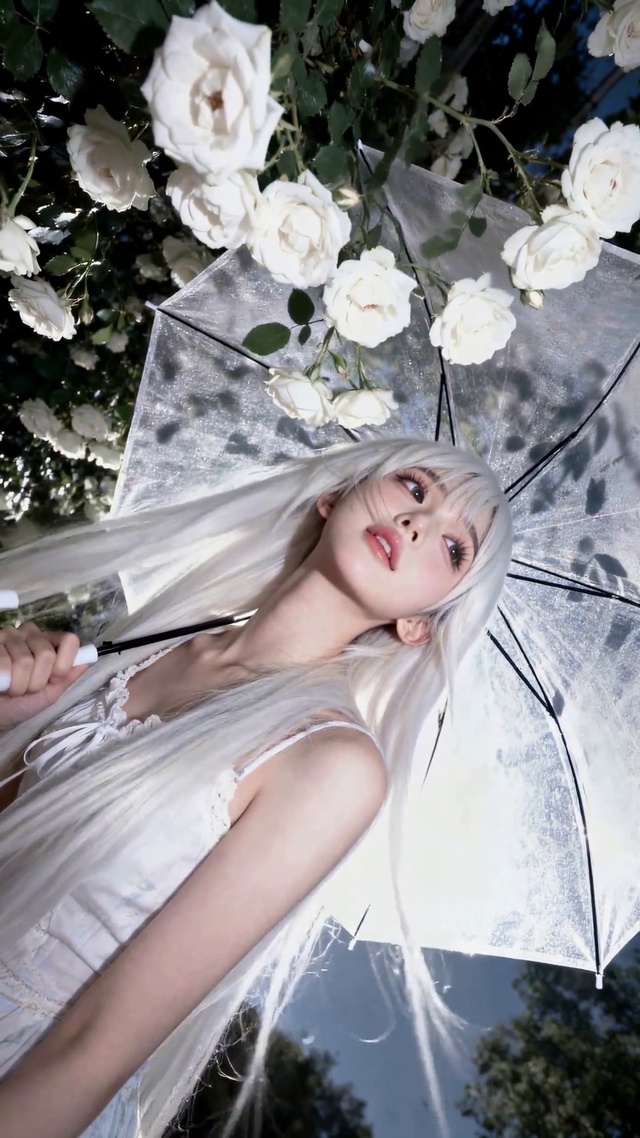 白玫瑰旁银发清纯美少女