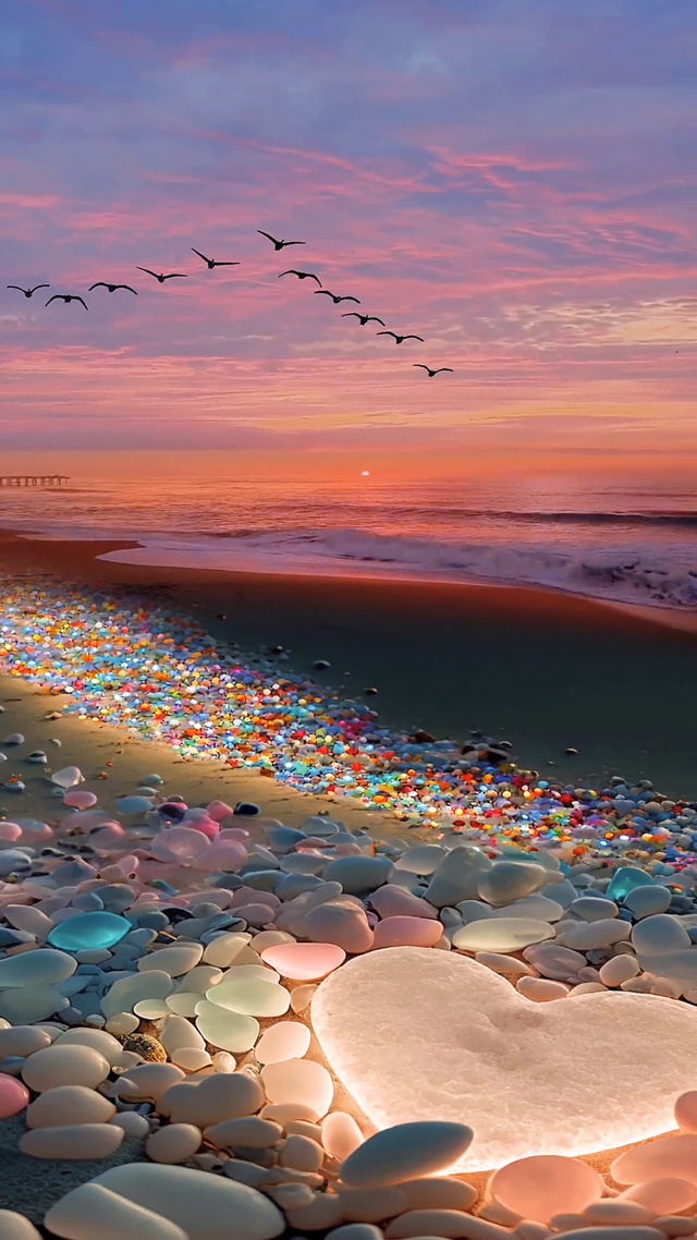 晚霞下的爱心沙滩