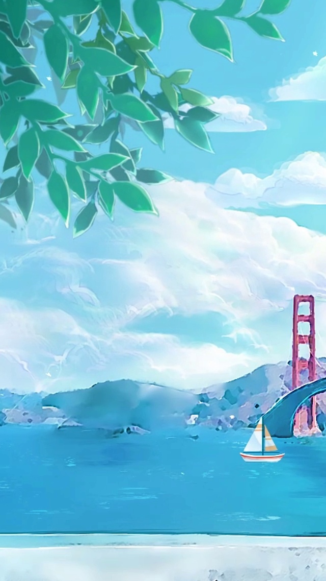 绿树、帆船、云朵、蓝天