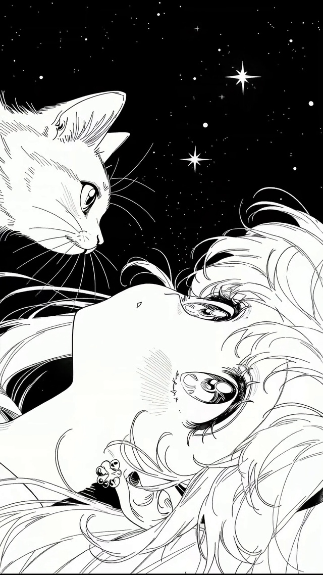 复古黑白少女与猫