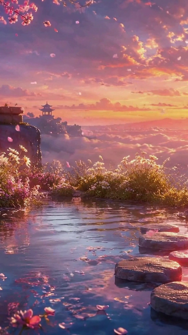 梦幻日落樱花云海美景