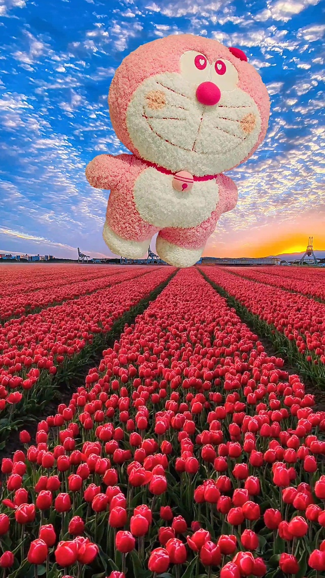 可爱的哆啦A梦郁金香花海