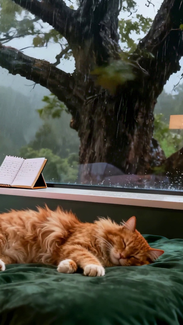 雨天窗前酣睡的橘猫